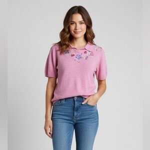 Vintage Alfred Dunner Embroidered Floral Pink Sweater Small